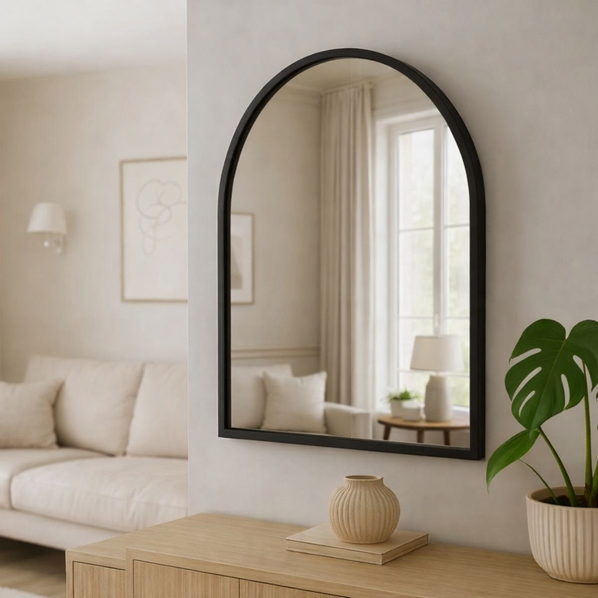 Large Decorative Arched Mirror with Matte Black Frame, 23.6 in x 15.7 in
