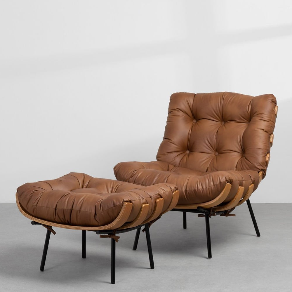 Costela Lounge Chair and Ottoman Set, Caramel