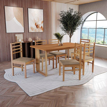 Elisa Solid Wood Dining Set with 6 Linen Chairs