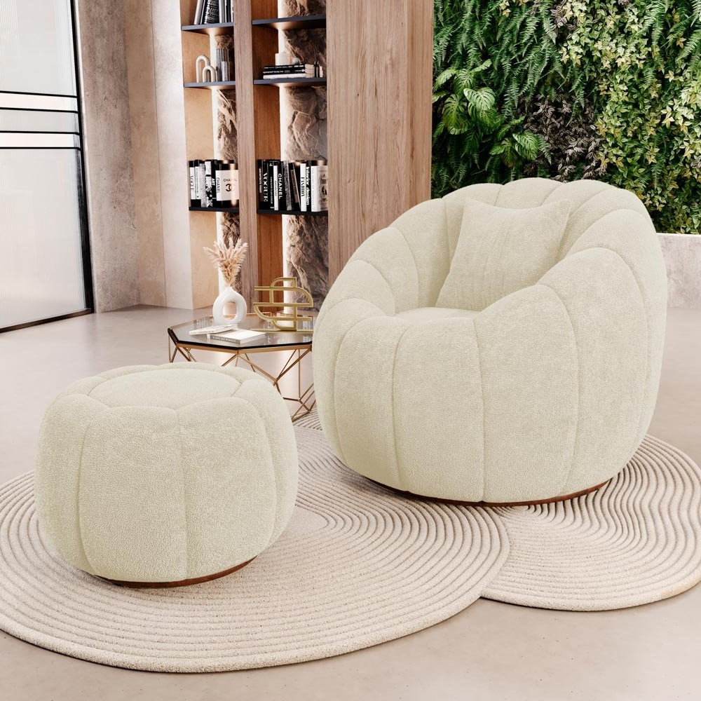 Shell Boucle Accent Chair and Pumpkin Ottoman Set, Beige