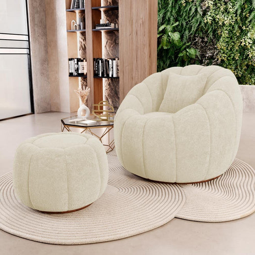 Shell Boucle Accent Chair and Pumpkin Ottoman Set, Beige