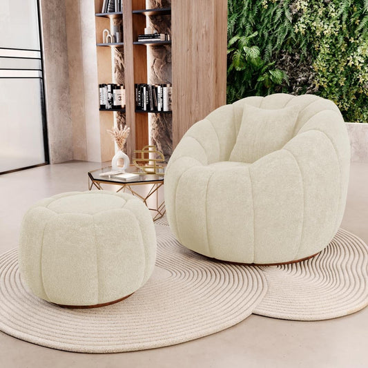 Shell Boucle Accent Chair and Pumpkin Ottoman Set, Beige