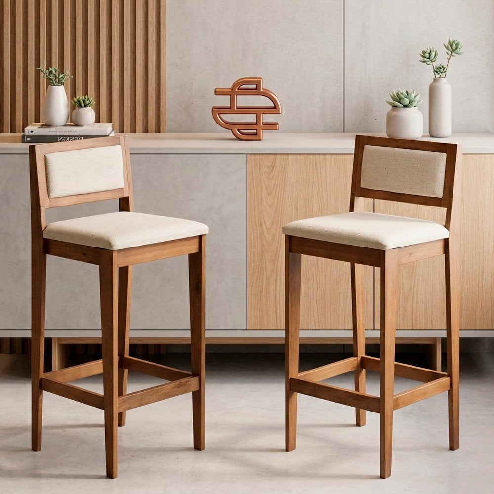 Lenna Set of 4 High Wooden Bar Stools, Natural Linen