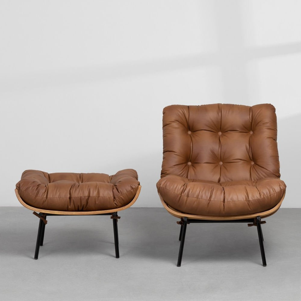 Costela Lounge Chair and Ottoman Set, Caramel