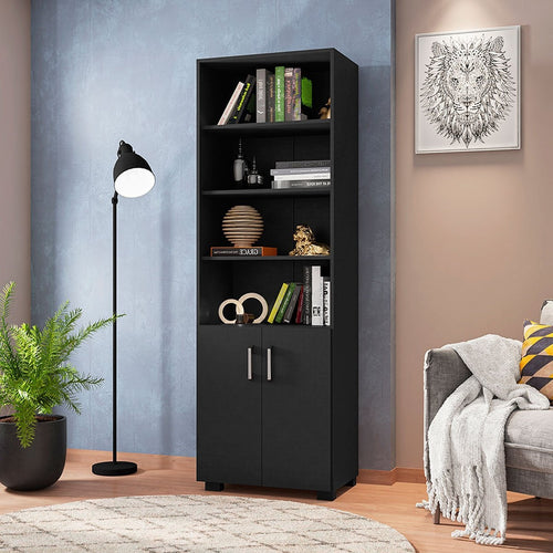 Office 5-Shelf Bookcase with Small Doors, Black