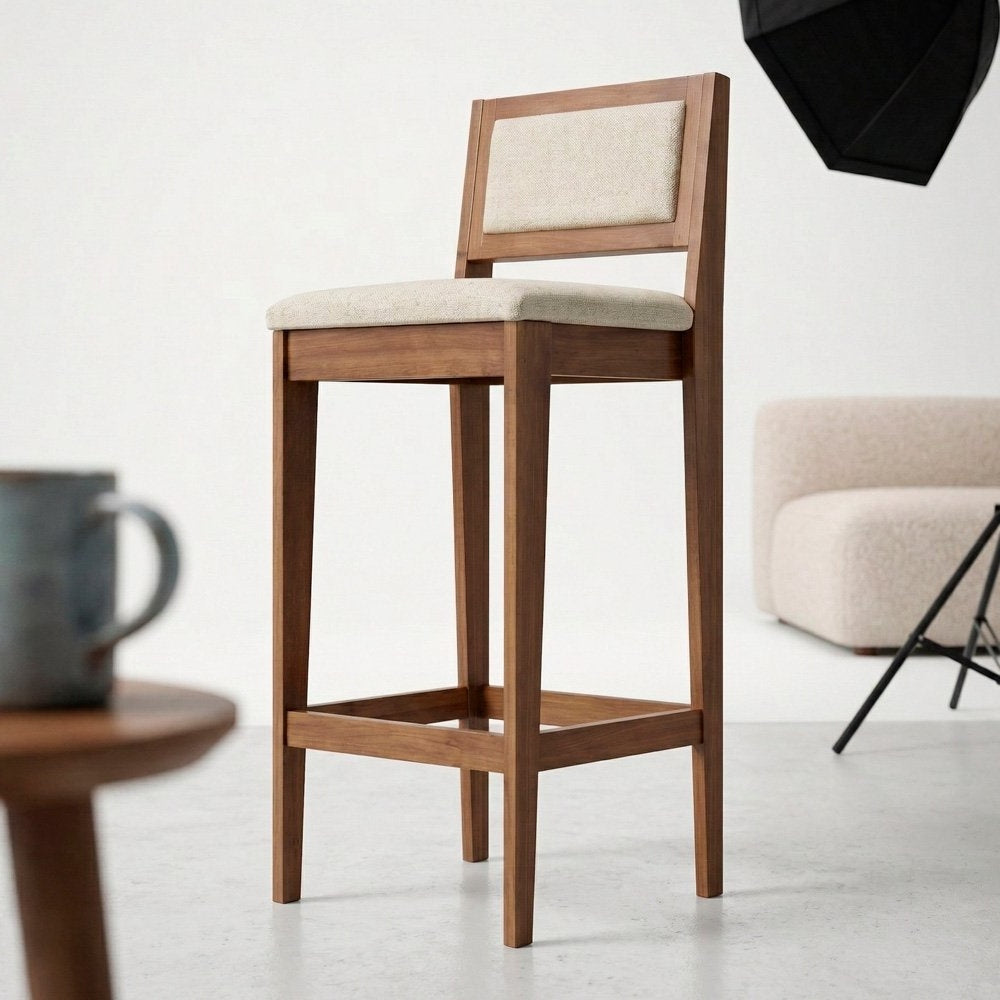 Lenna Set of 4 High Wooden Bar Stools, Natural Linen