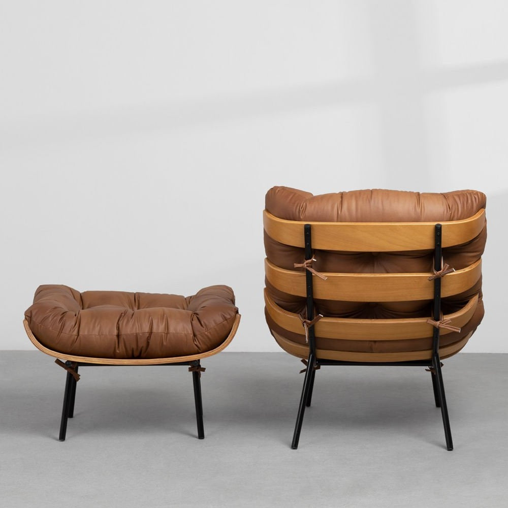 Costela Lounge Chair and Ottoman Set, Caramel