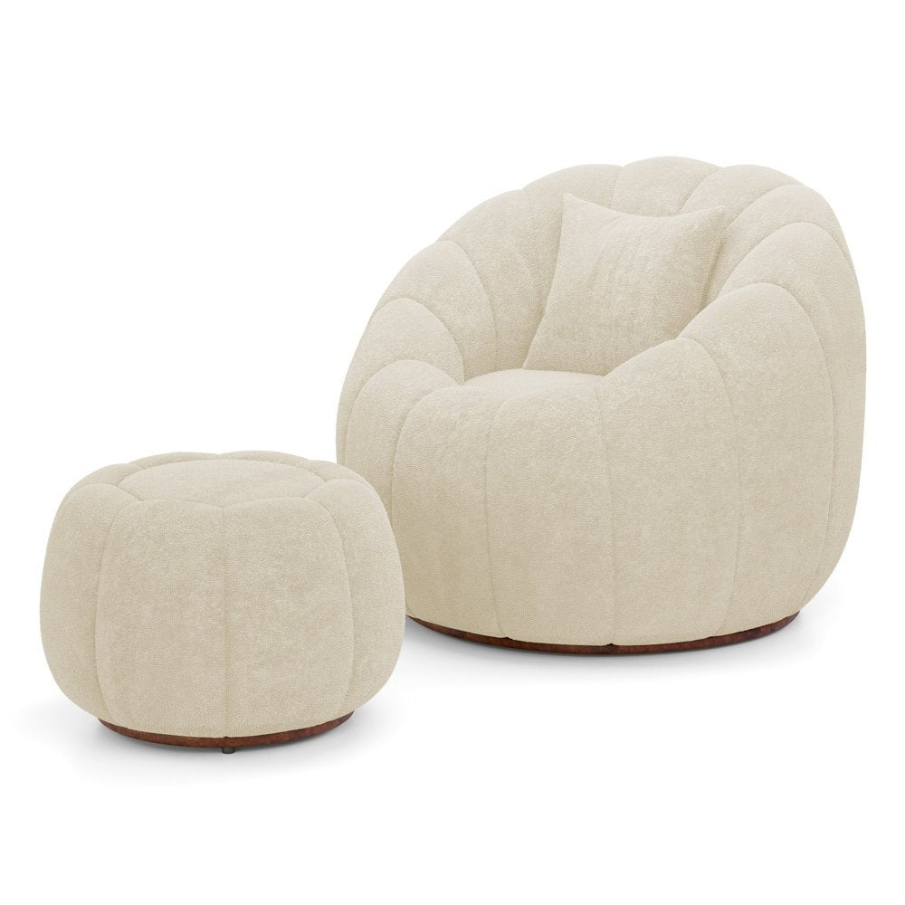 Shell Boucle Accent Chair and Pumpkin Ottoman Set, Beige