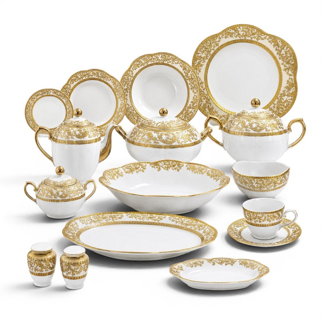 White & Gold 62-Piece Porcelain Dinnerware Set