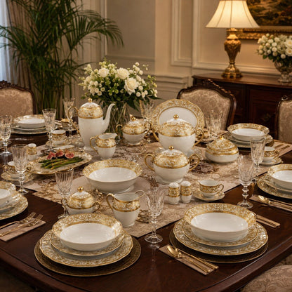 White & Gold 62-Piece Porcelain Dinnerware Set