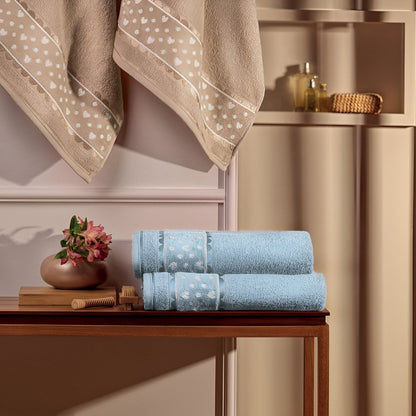 Charme Heart 4-Piece 100% Cotton Towel Set, Blue/Khaki